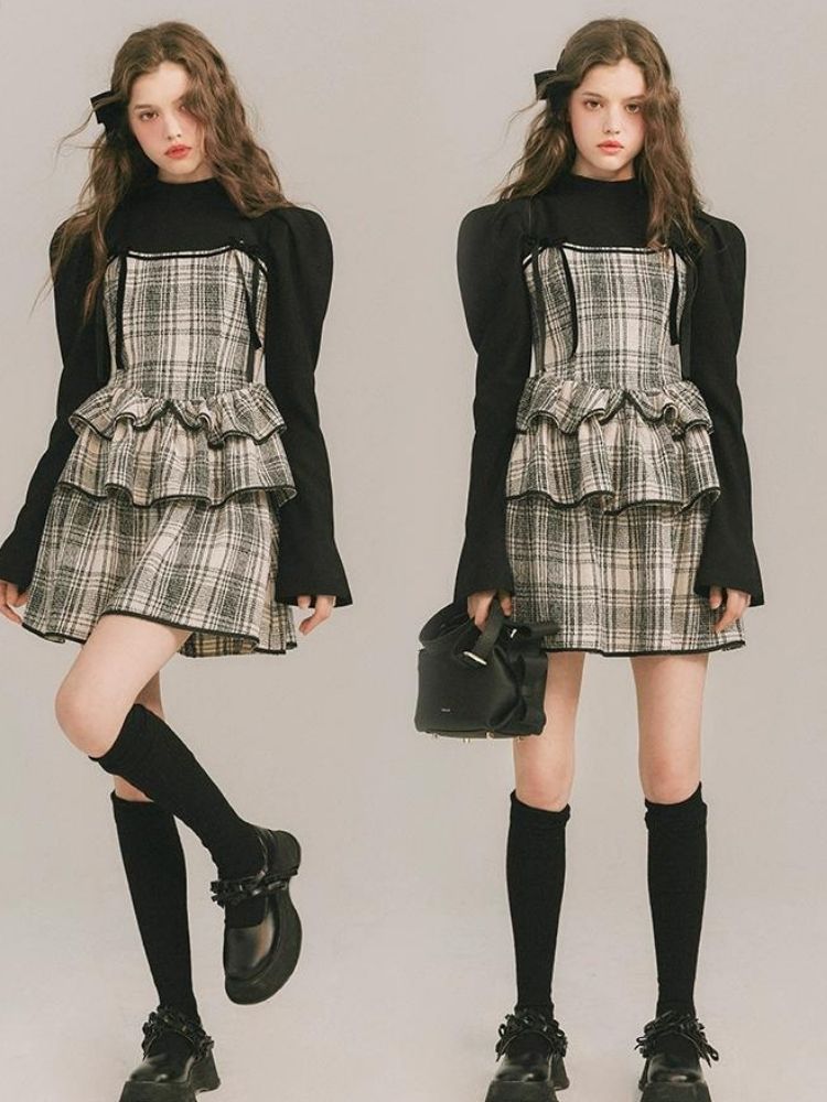 Plaid Cake Skirt Fake Two Piece Dress【s0000003231】