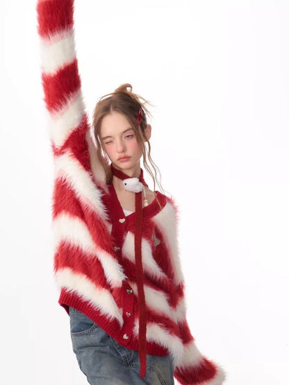 Sticky Chunky Red Striped Knit Sweater Cardigan【s0000006174】