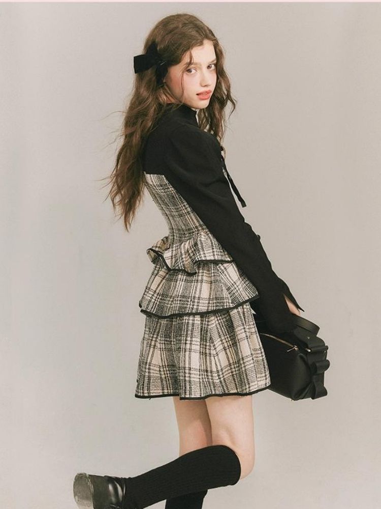Plaid Cake Skirt Fake Two Piece Dress【s0000003231】