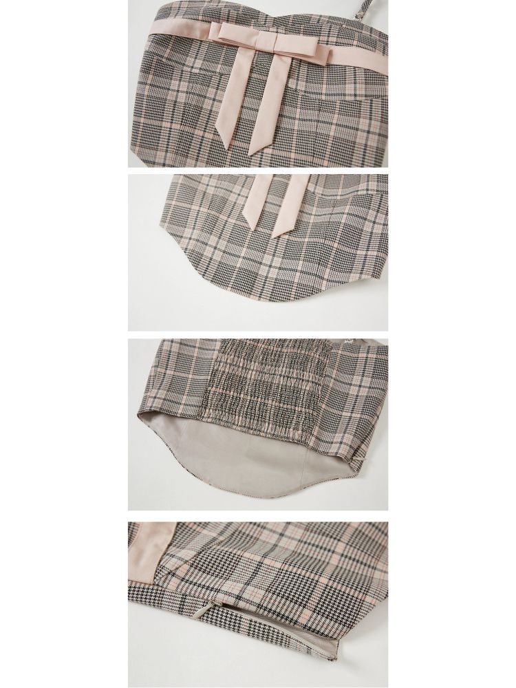 Plaid bow tube top and A-line skirt【s0000003279】