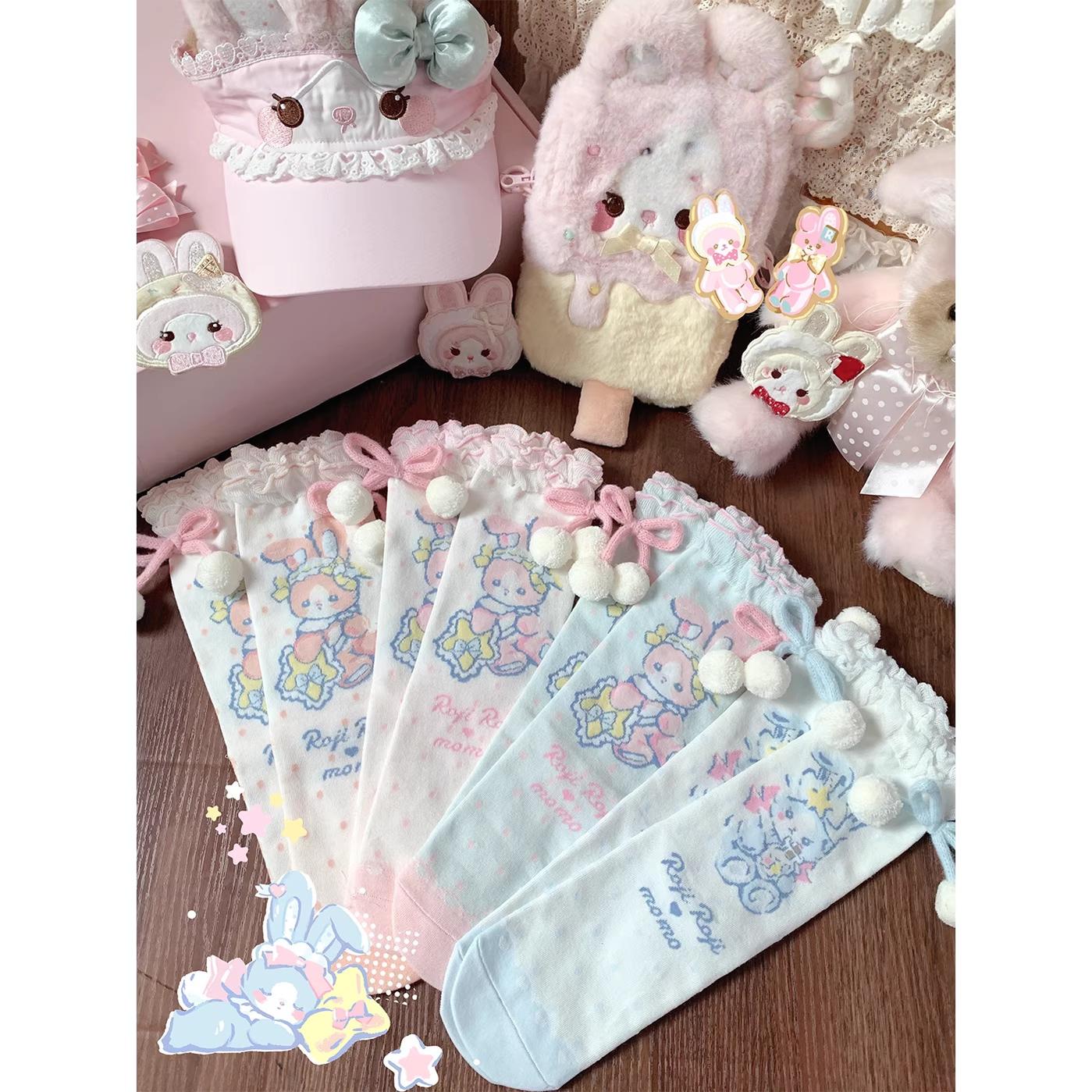 Roji Roji - Kawaii Lolita Mid-Calf Socks, Rabbit Print