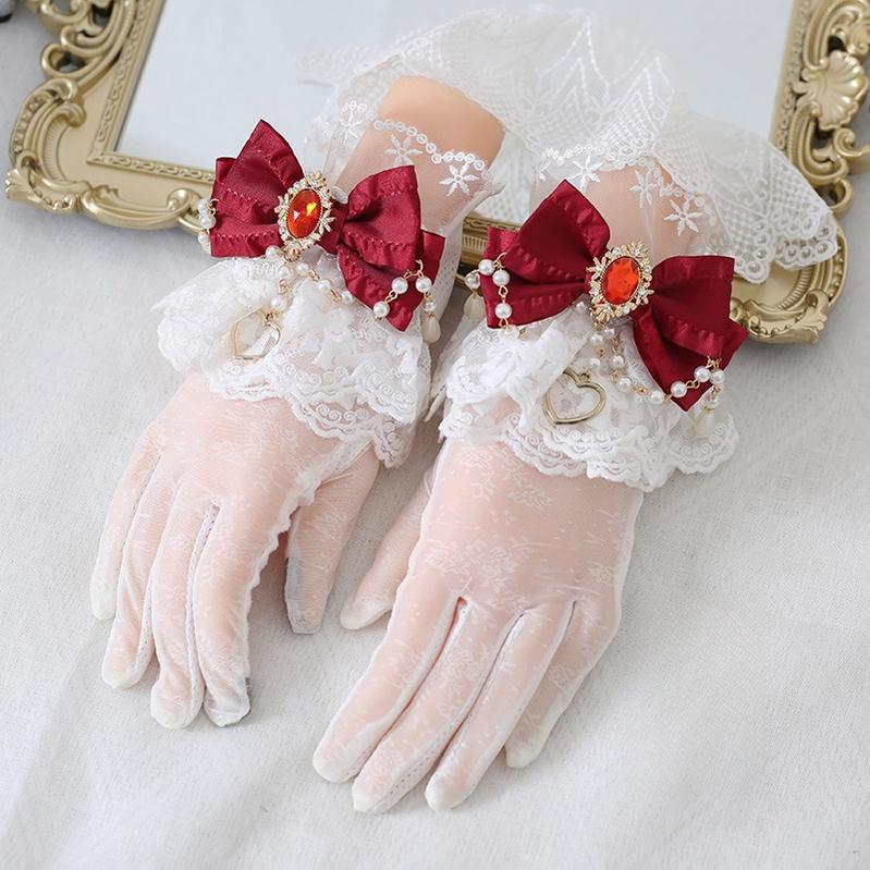 Xiaogui - Vintage Lolita Gloves Lace Bow Bead Chain Sunscreen Gloves