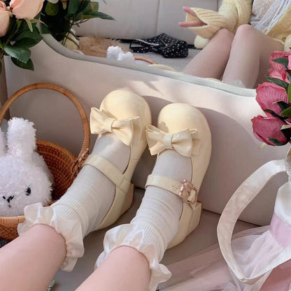 Sheep Puff - Hug Bear - Sweet Lolita Heel Shoes Bear Metal Buckle Bow Shoes