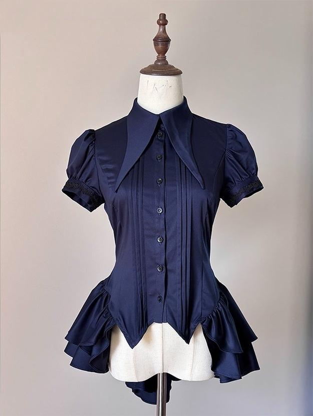 FlowerFairyDaily - Midnight Prayer - Solid Lolita Shirt with Flowing Tiered Back Hem