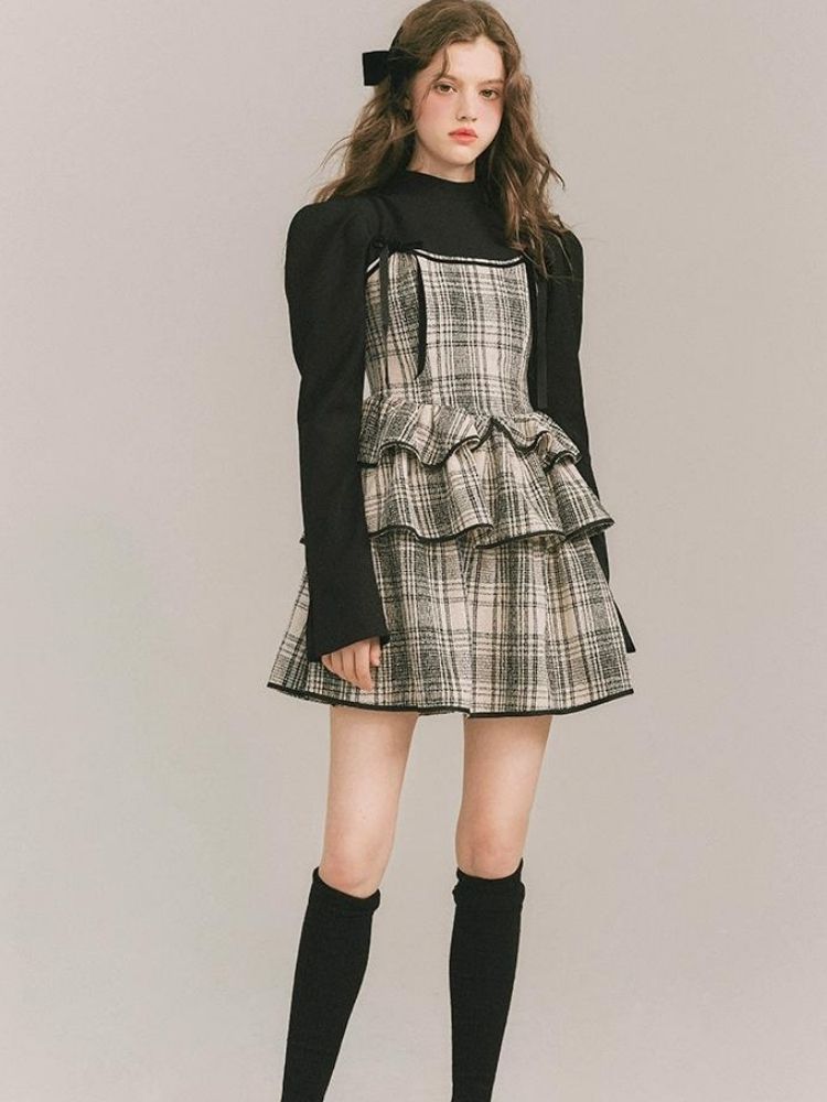 Plaid Cake Skirt Fake Two Piece Dress【s0000003231】