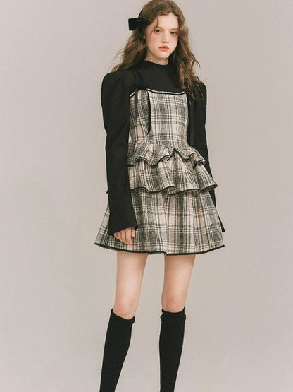 Plaid Cake Skirt Fake Two Piece Dress【s0000003231】