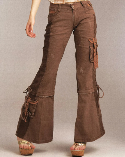 Multi-pocket denim spliced flare pants