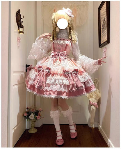 Qianmu - Girl's Secret - Pink Sweet Lolita JSK Dress with Lace and Bow Trailing