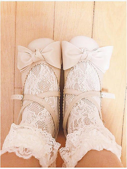 Sosic - Bow and Low Heel Cross Band Lolita Leather Shoes