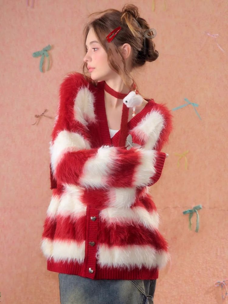 Sticky Chunky Red Striped Knit Sweater Cardigan【s0000006174】