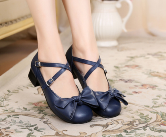 Sosic - Bow and Low Heel Cross Band Lolita Leather Shoes