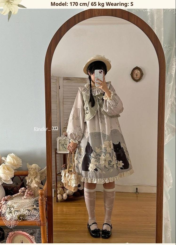 Akiyama Future Studio - Black Cat and Lily - Loose Kawaii Lolita OP Dress with Vest and Hat