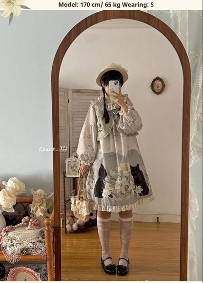 Akiyama Future Studio - Black Cat and Lily - Loose Kawaii Lolita OP Dress with Vest and Hat
