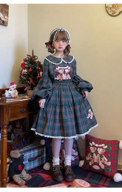 Labeau - Christmas Vintage Lolita Skirts Doll Collar Blouse Plaid Skirt Set