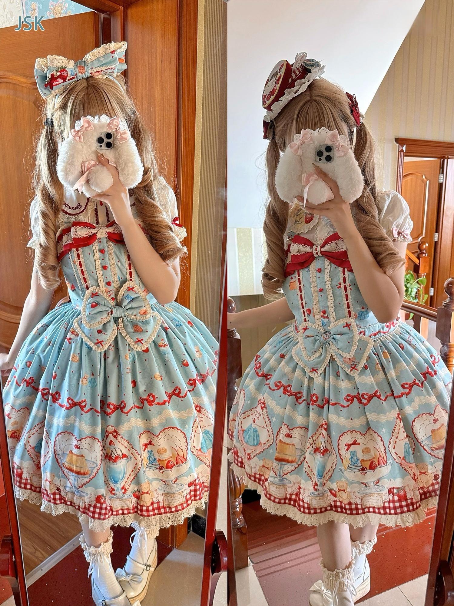 DreamWhale - Showa Dessert Showcase - Kawaii Lolita Dress Suit Pudding-Inspired JSK/Salopette
