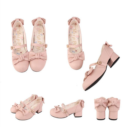 Sheep Puff - Elegant Lolita Bownot Retro High Heel Shoes