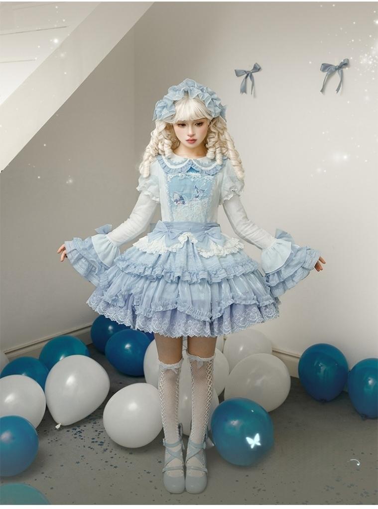 Honey Machine - Blue Whale - Sweet Lolita OP Suit Tiered Ruffle Dress with Shell Lace