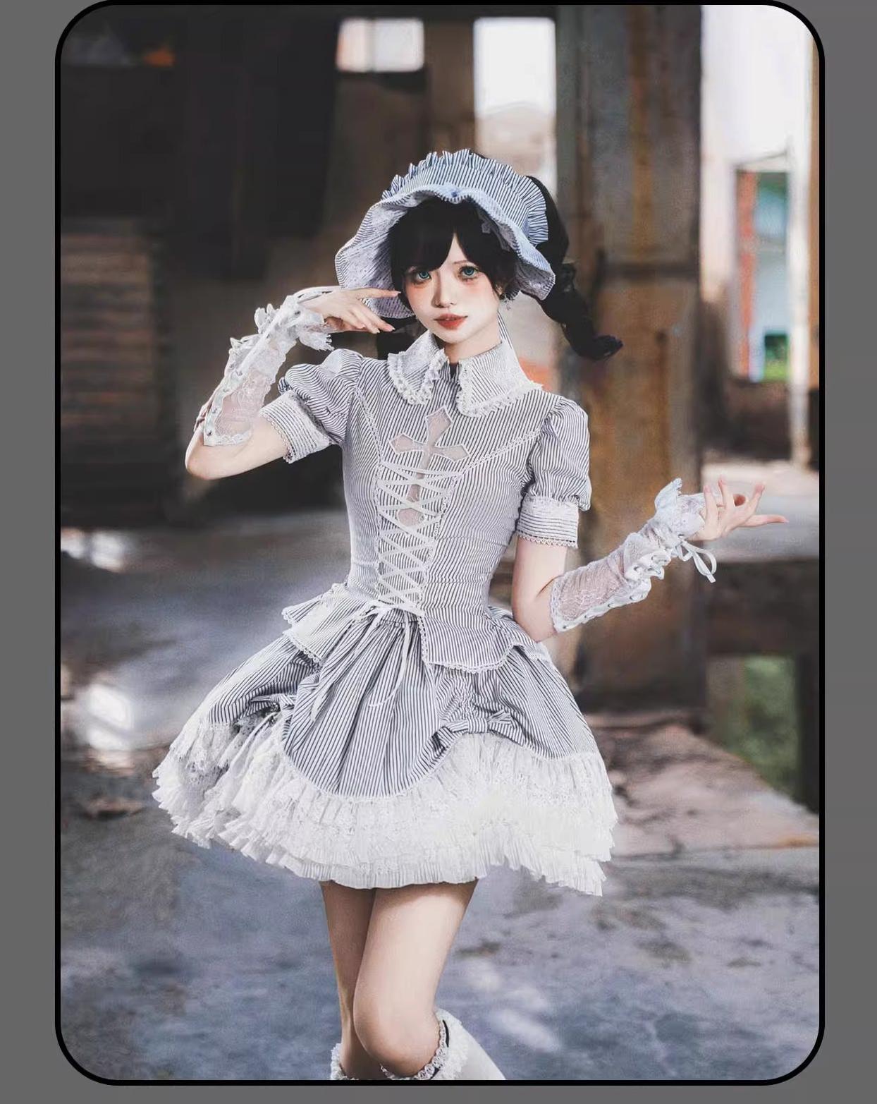 Susin Lolita - Striped Cross - Gothic Coordinated Lolita Set, Adjustable Blouse & Skirt