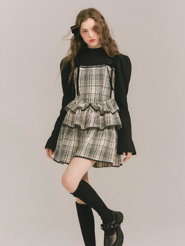 Plaid Cake Skirt Fake Two Piece Dress【s0000003231】