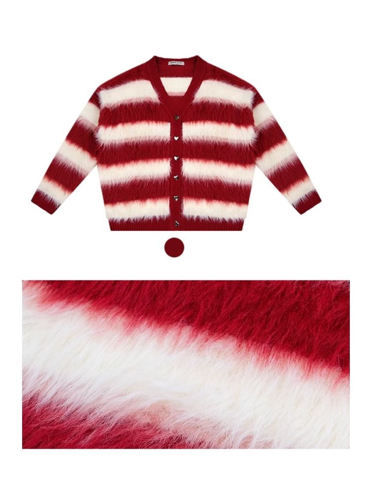 Sticky Chunky Red Striped Knit Sweater Cardigan【s0000006174】