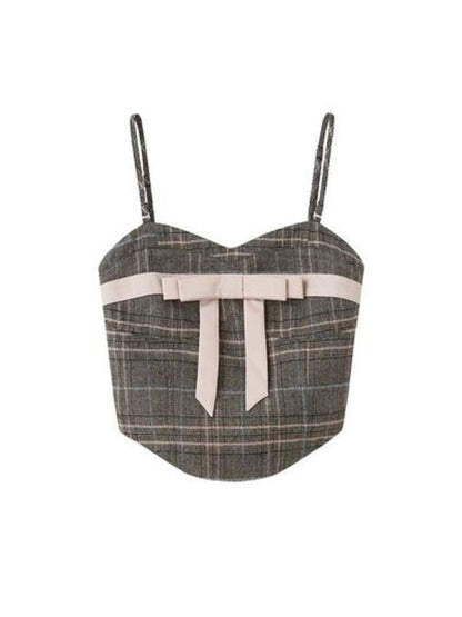 Plaid bow tube top and A-line skirt【s0000003279】