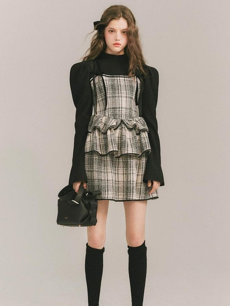 Plaid Cake Skirt Fake Two Piece Dress【s0000003231】