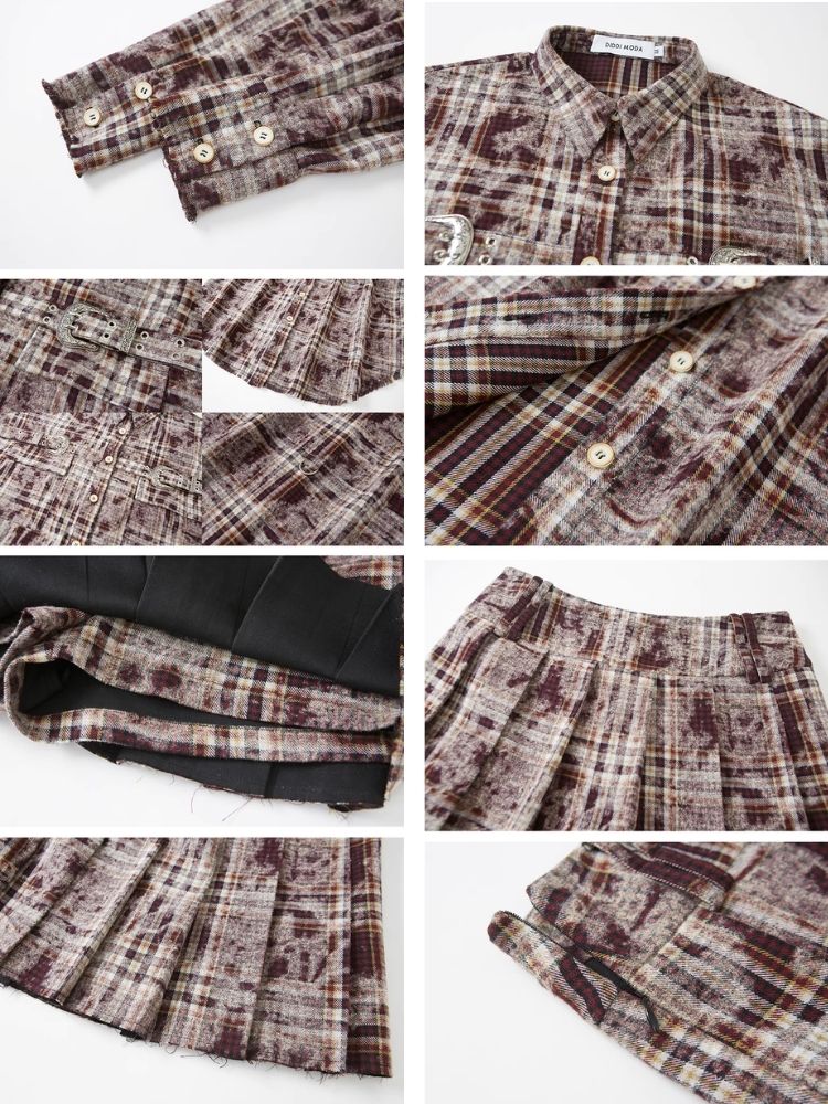 Contrast plaid shirt + pleated skirt【s0000003967】