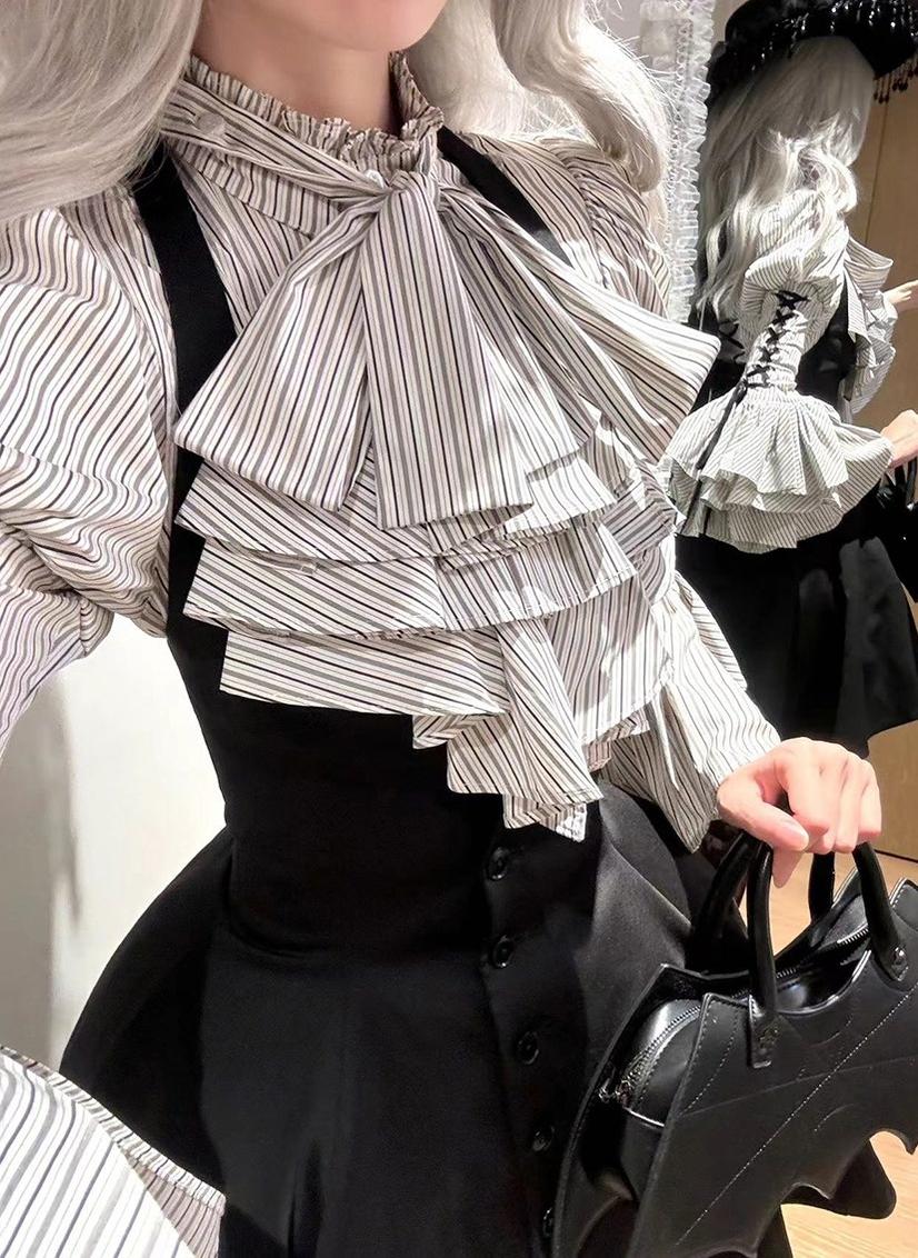 FlowerFairyDaily - Gothic Lolita Striped Shirt With Alternative NeckTie/Jabot