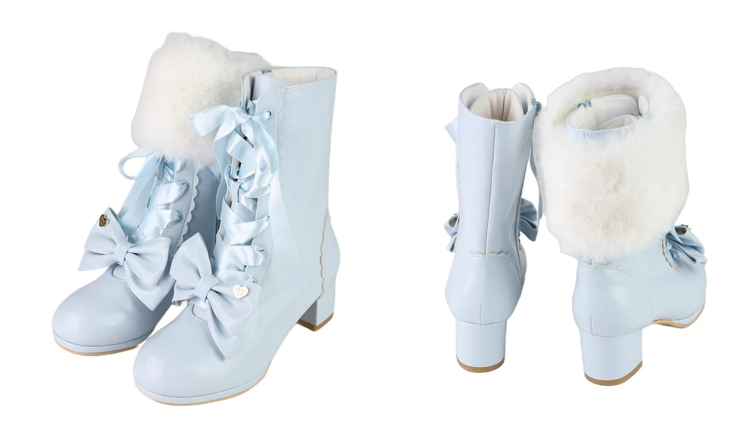 Sheep Puff - Snowy Mochi - Kawaii Lolita Winter Boots, Detachable Fur Trim