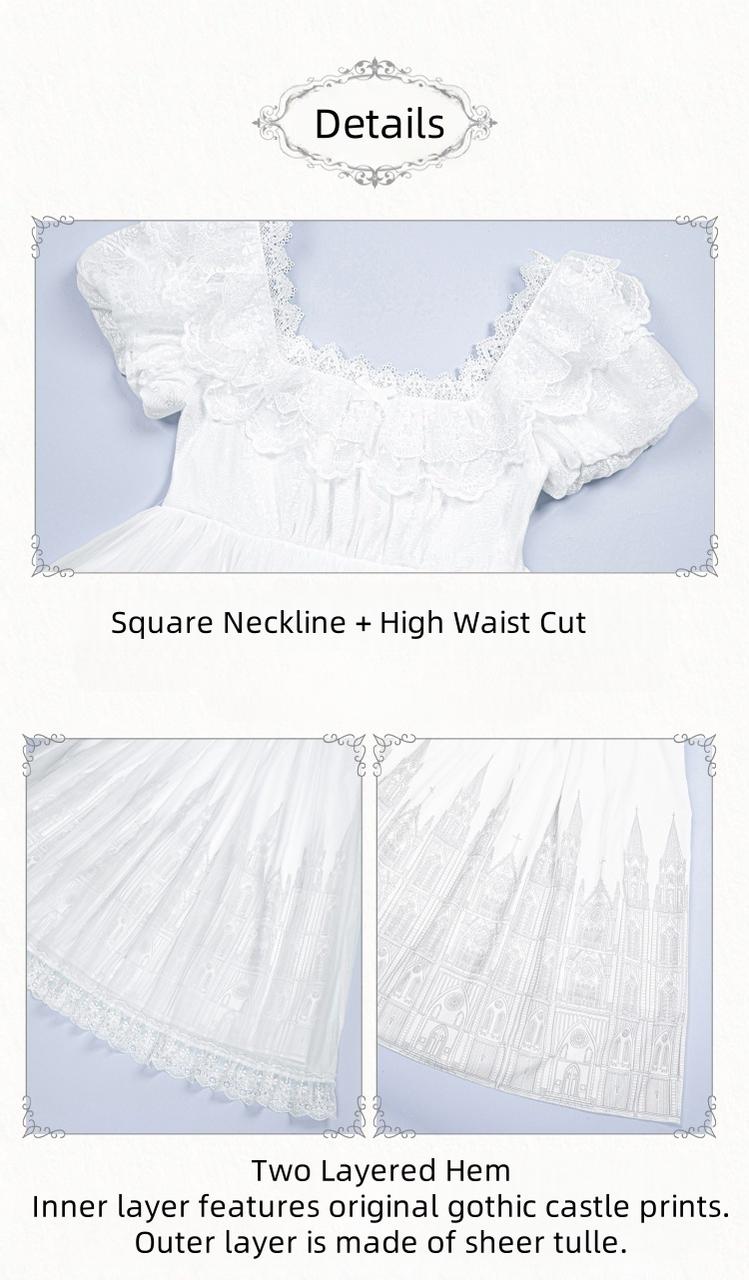 With PUJI - Dawn's Last Light - Castle Printed White Gothic Lolita OP, Two Length Styles