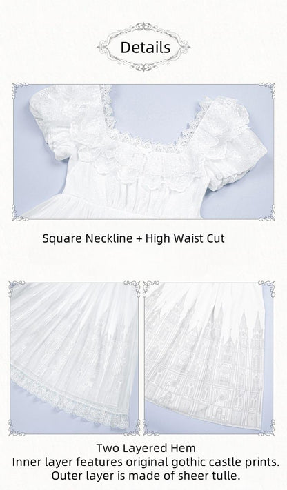 With PUJI - Dawn's Last Light - Castle Printed White Gothic Lolita OP, Two Length Styles