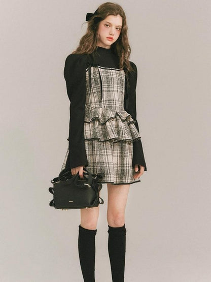 Plaid Cake Skirt Fake Two Piece Dress【s0000003231】