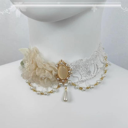 Cocoa Jam - Elegant Lolita Necklace Rose Gemstones and Pearl Necklace