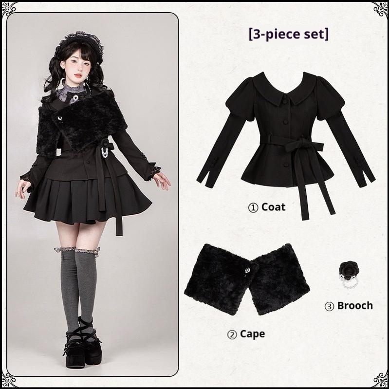 With PUJI - Old Testament - Classic Lolita Coat Black Plush Lolita Cape and Brooch