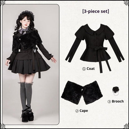With PUJI - Old Testament - Classic Lolita Coat Black Plush Lolita Cape and Brooch