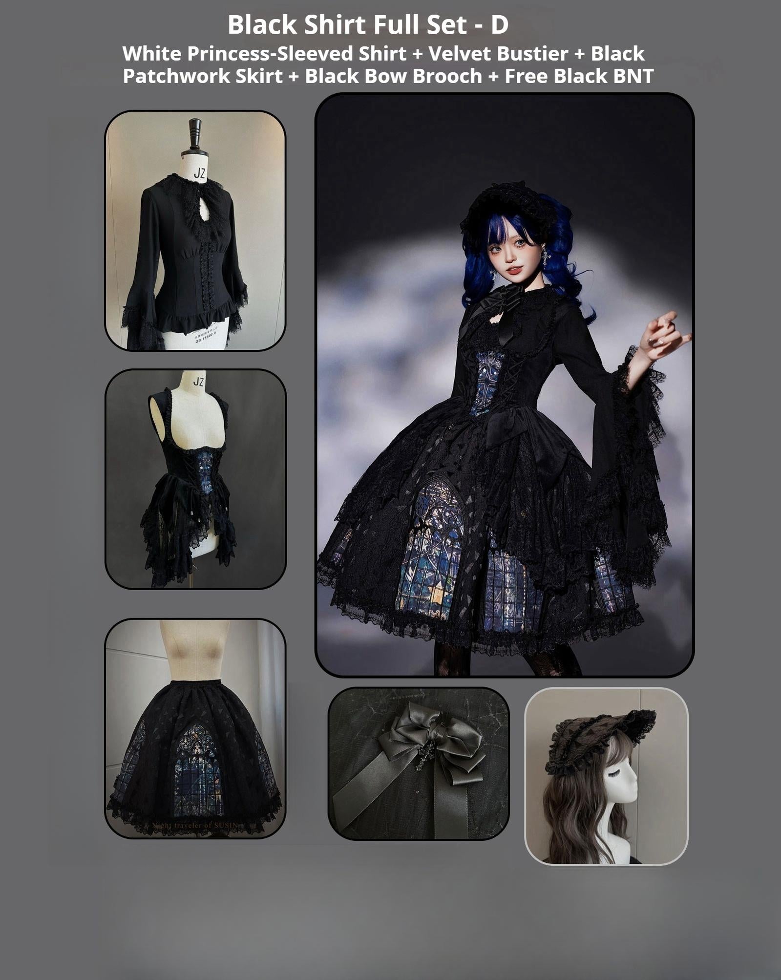 Susin Lolita - Night Traveler - Gothic Lolita Skirt Outfit Long Coat Shirt and Bustier Set