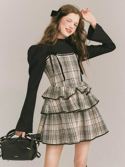 Plaid Cake Skirt Fake Two Piece Dress【s0000003231】