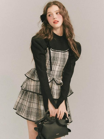 Plaid Cake Skirt Fake Two Piece Dress【s0000003231】