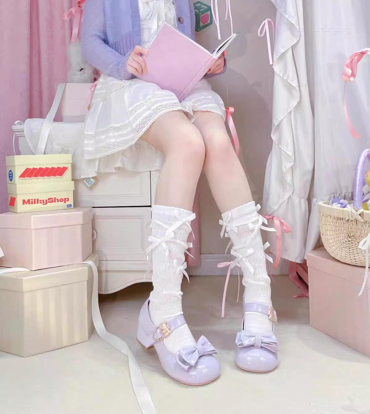 Sheep Puff - Hug Bear - Sweet Lolita Heel Shoes Bear Metal Buckle Bow Shoes
