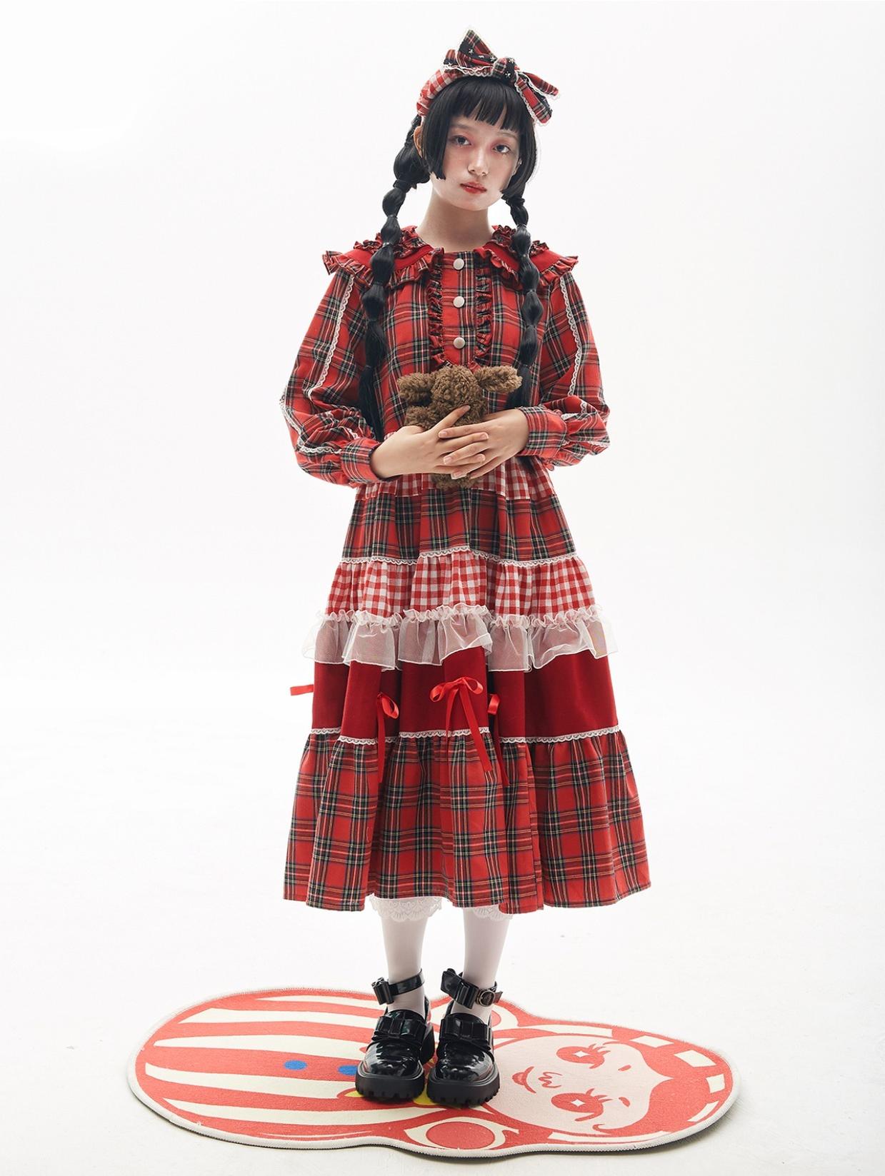 Soso Meme Club - Vintage Lolita OP Dress Red Lolita Plaid Dress for Spring Summer