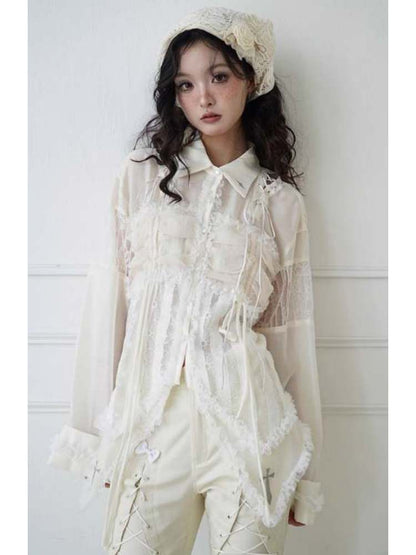 Lace-Up Crosses Embroidery Chiffon Lace Trim Shirt【s0000008151】