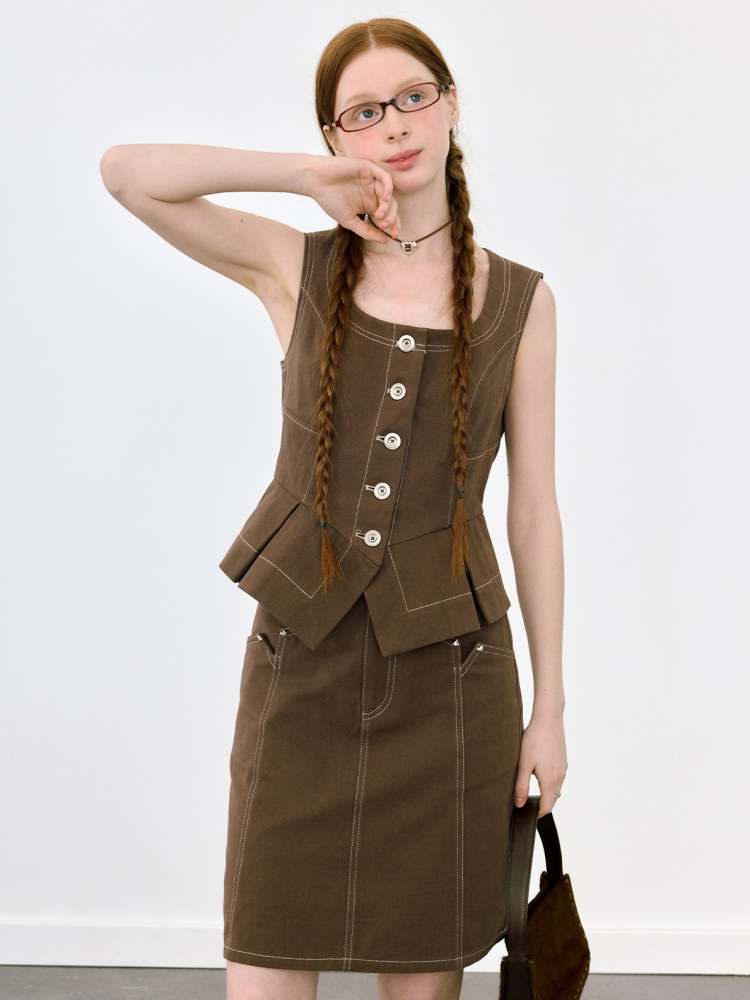 U-Neck Front Button Stitch Short Vest【s0000008080】