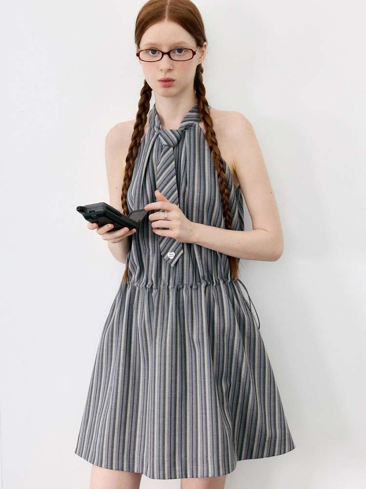 Halter Neck Tie Sleeveless Striped A-Line Dress【s0000008090】