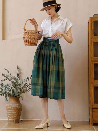 Dark green plaid retro umbrella skirt