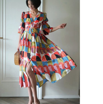 Geometric pattern oil painting dress