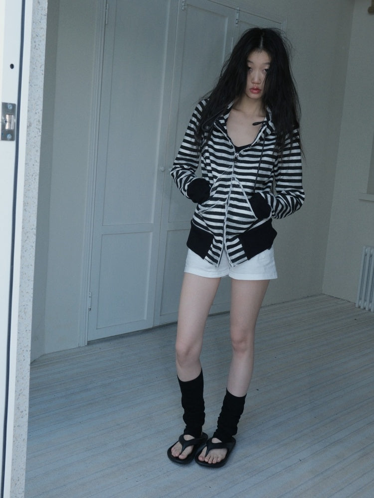 Striped Zipper Hooded Sweat Jacket & Pants Setup【s0000004162】