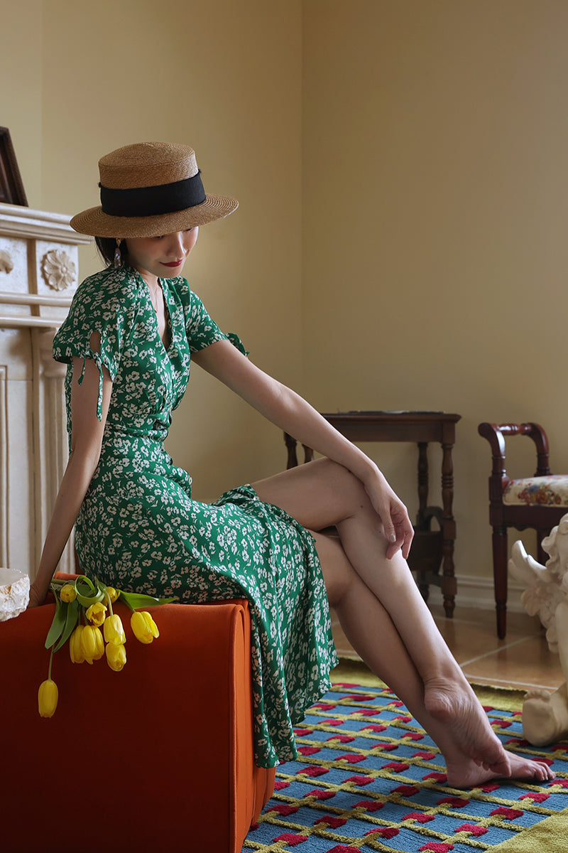 Green Bouquet French Retro Dress