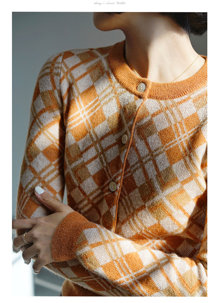 red orange retro plaid cardigan