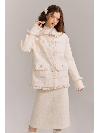 Wool Weave Lazy Bouquet Button Frills Jacket & Skirt【s0000003857】