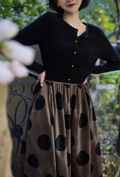 Birch brown polka dot velvet umbrella skirt